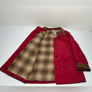 LL Bean Adirondack Barn Jacket Women M Pet Red Flannel Lined Corduroy Trim Chore